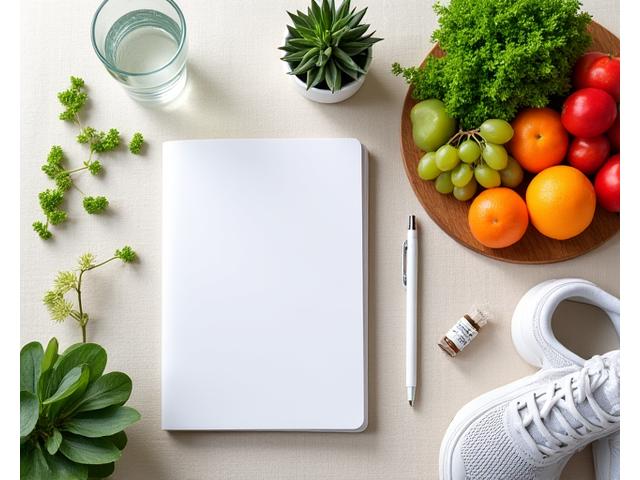 O masă plină cu alimente sănătoase, un jurnal și adidași de alergat, reprezentând un stil de viață echilibrat