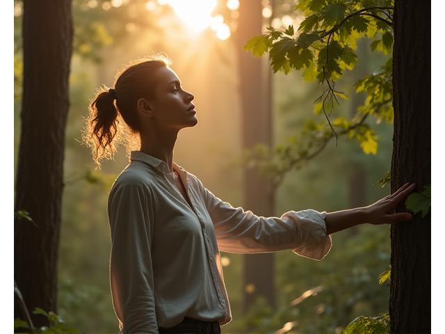 O persoană explorând o pădure liniștită, simbolizând prezența mentală și conexiunea cu natura