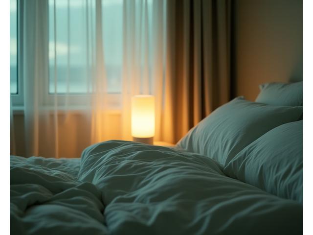 O imagine liniștitoare cu o cameră de dormitor minimalistă, cu lumină caldă, simbolizând odihna și relaxarea