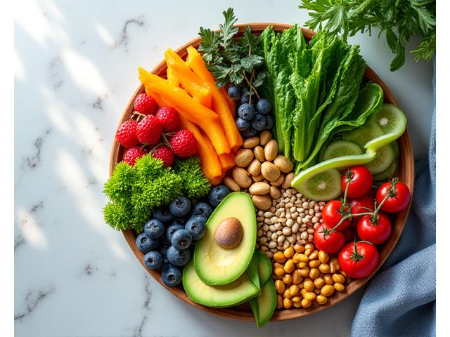 Imagine schematică a unui tabel de nutriție care combină alimente proaspete, sănătoase, cu o reprezentare subtilă a unei structuri hormonale, implicând echilibrul prin alimentație.