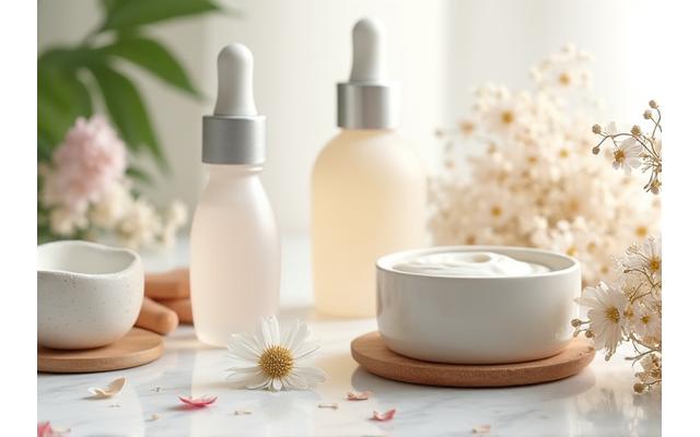 Produse de înfrumusețare naturale în ambalaje elegante, cu flori delicate și o lumină blândă, sugerând frumusețe organică.