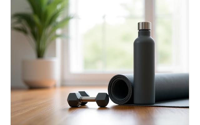 Gantere, o sticlă de apă și un covoraș de yoga pe o podea de lemn, reprezentând fitness și recuperare post-antrenament.